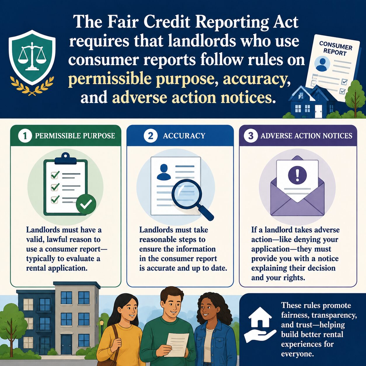 The Fair Credit Reporting Act requires that landlords who use consumer reports follow rules on permissible purpose, accu
