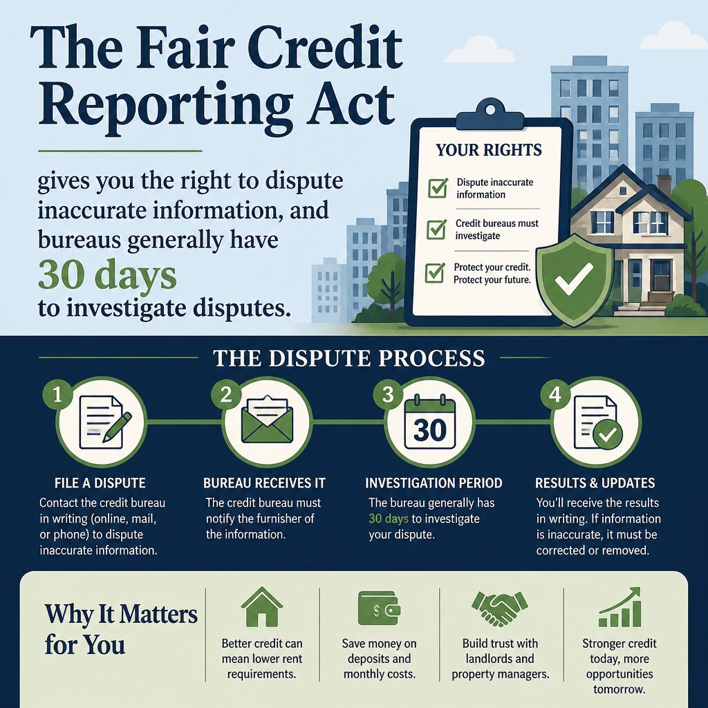 The Fair Credit Reporting Act gives you the right to dispute inaccurate information, and bureaus generally have 30 days
