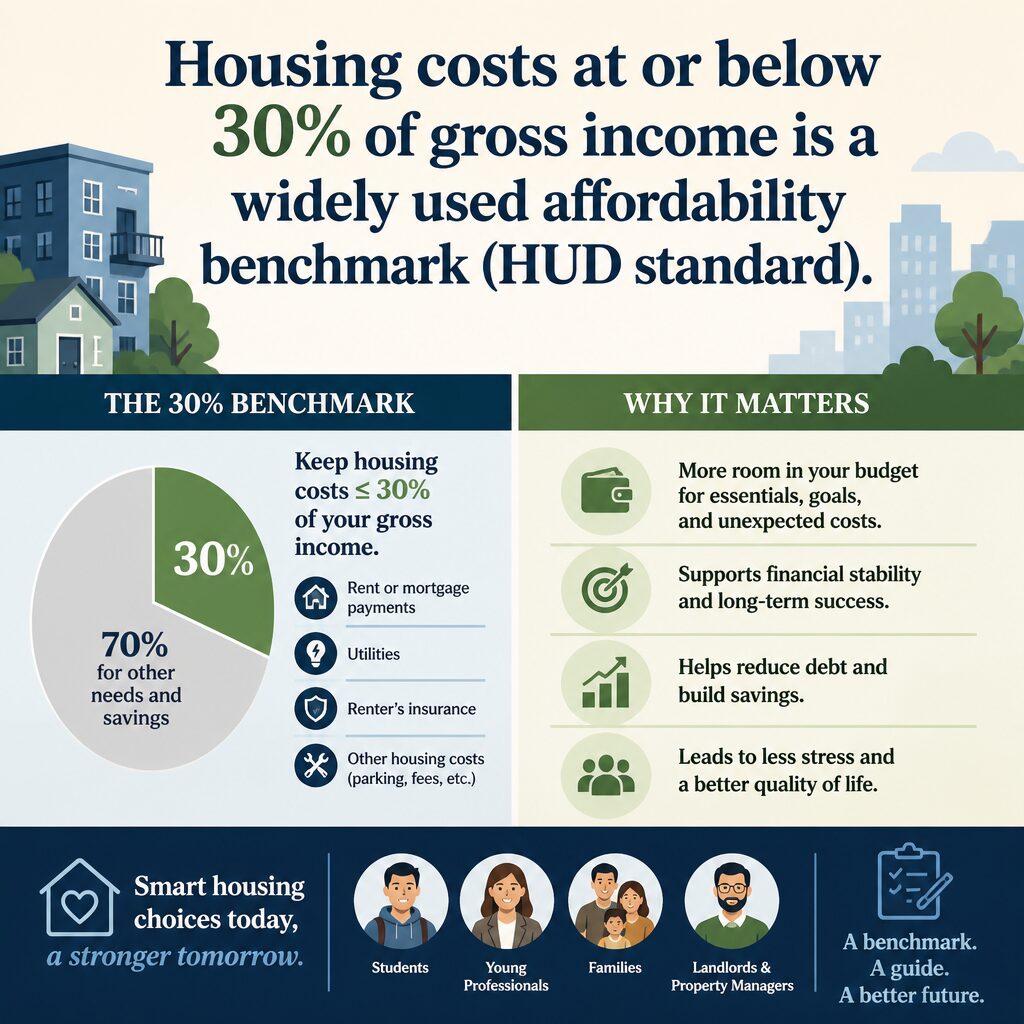 Housing costs at or below 30% of gross income is a widely used affordability benchmark (HUD standard).
