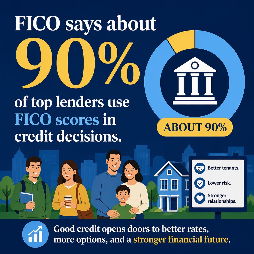 FICO says about 90% of top lenders use FICO scores in credit decisions.