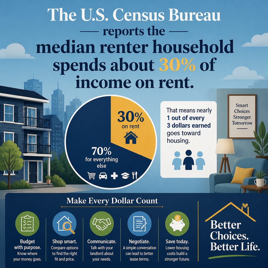 The U.S. Census Bureau reports the median renter household spends about 30% of income on rent.