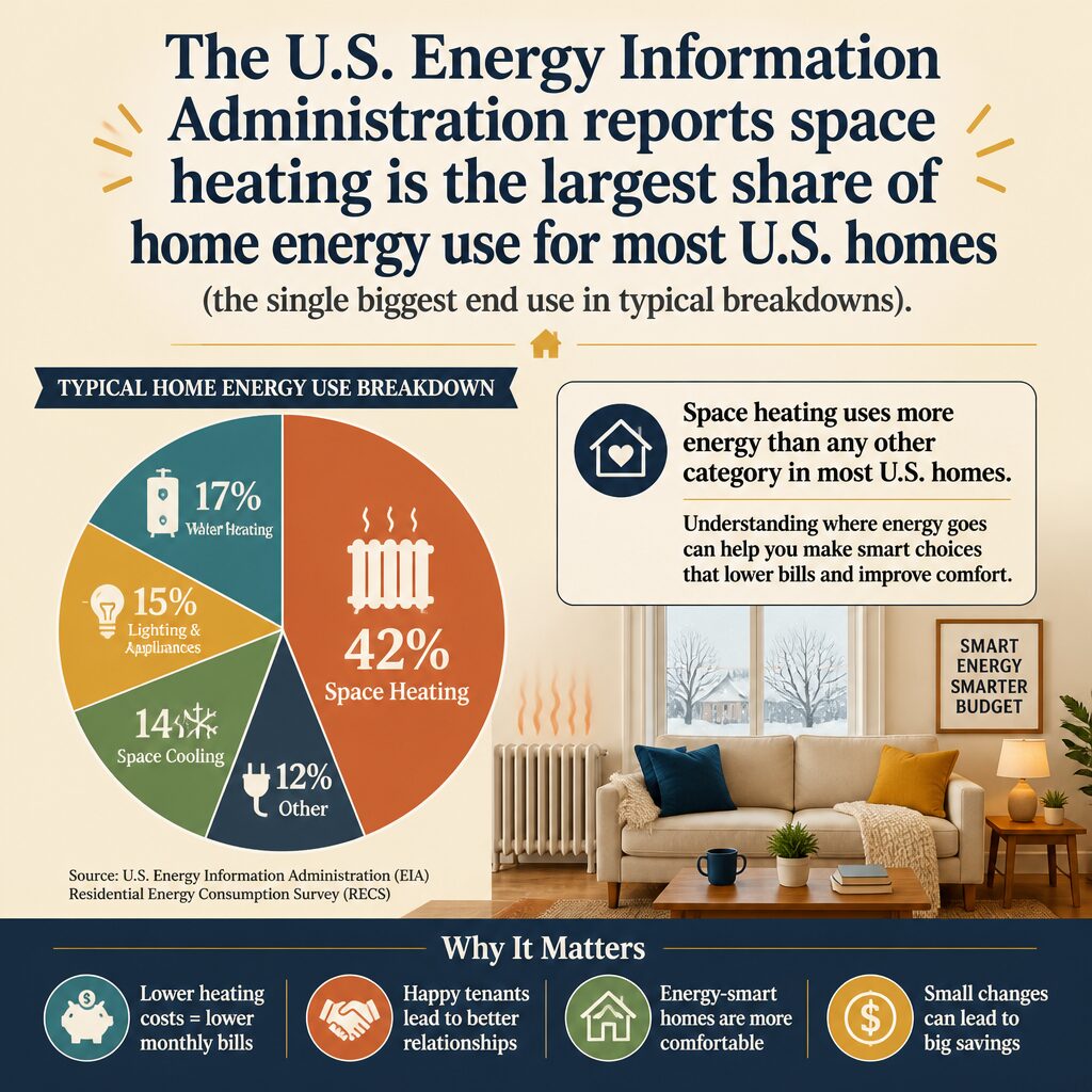 The U.S. Energy Information Administration reports space heating is the largest share of home energy use for most U.S. h