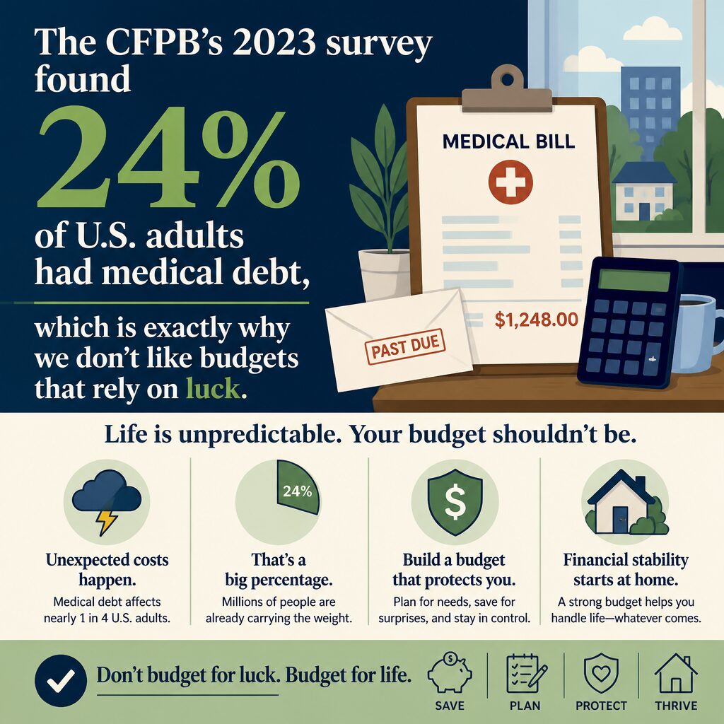 The CFPB’s 2023 survey found 24% of U.S. adults had medical debt, which is exactly why we don’t like budgets that rely o