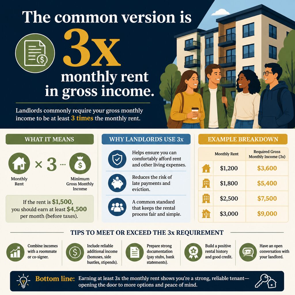 The common version is 3x monthly rent in gross income.