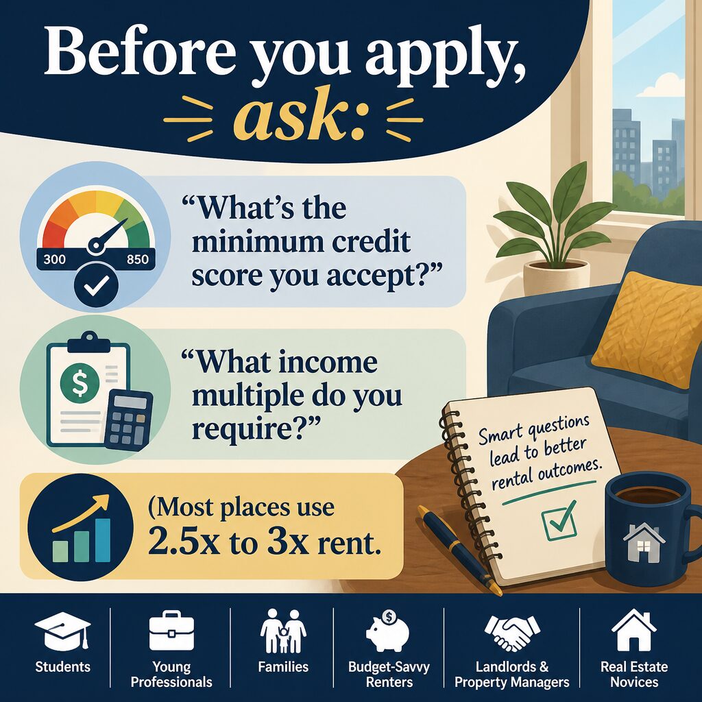 Before you apply, ask: “What’s the minimum credit score you accept?” “What income multiple do you require?” (Most places