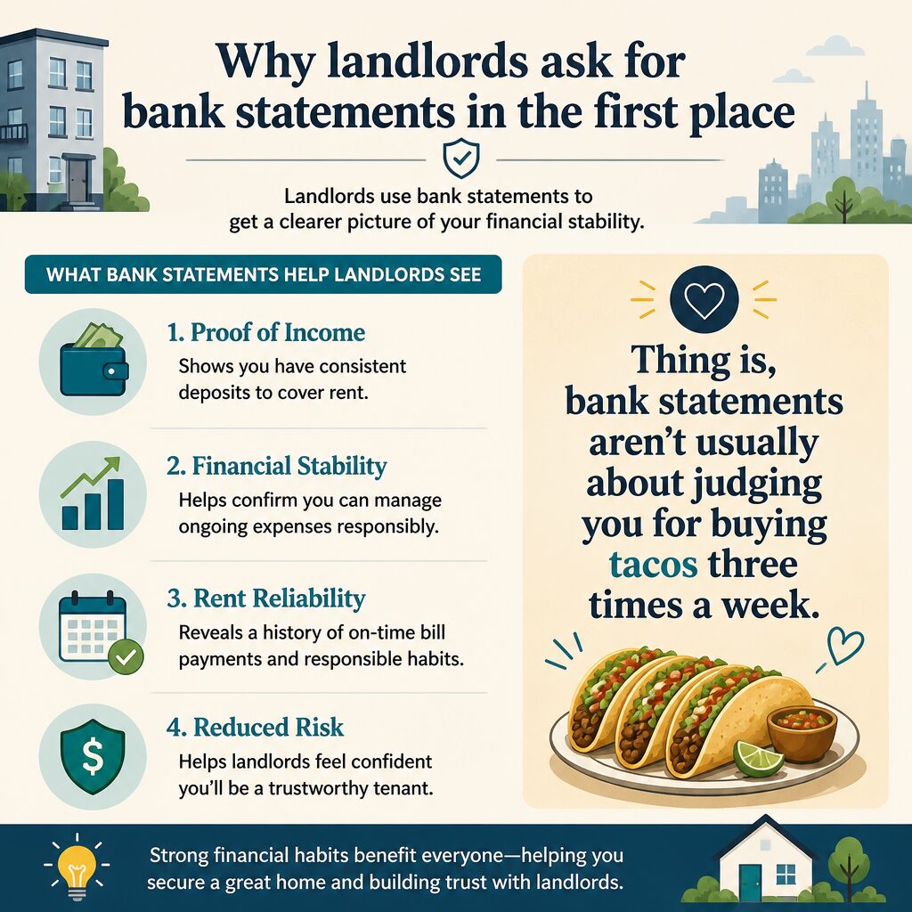 Why landlords ask for bank statements in the first place Thing is, bank statements aren’t usually about judging you for