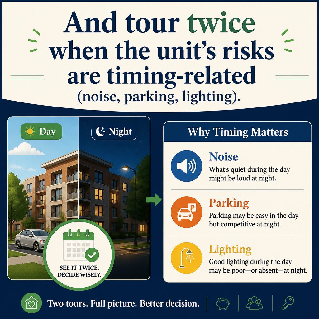 And tour twice when the unit’s risks are timing-related (noise, parking, lighting).